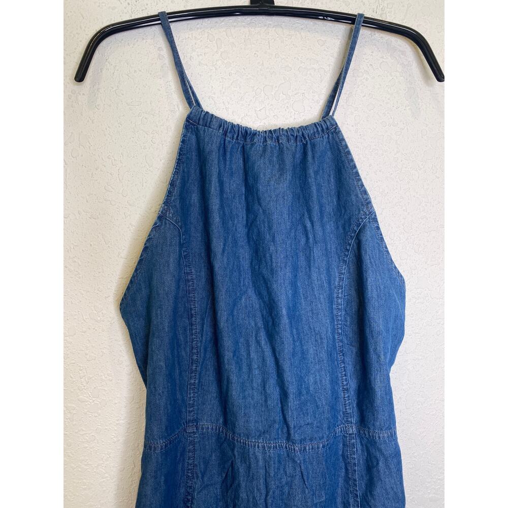 ASOS Lightweight Soft Denim Halter Slip Dress Criss Cross Straps EUC Sz 12 Mini - Picture 2 of 16